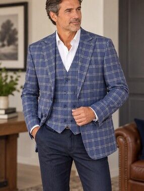 Falcone Dapper Preppy Blue Windowpane Plaid 2 Button Blazer W/vest. Mens 52L